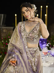 Lavender Tissue Fabric Beads & Sequince Embroidered Semi Stitched Lehenga Choli & Dupatta