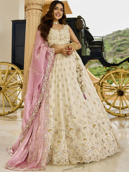 Cream Tissue Fabric Beads & Sequince Embroidered Semi Stitched Lehenga Choli & Dupatta