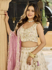Cream Tissue Fabric Beads & Sequince Embroidered Semi Stitched Lehenga Choli & Dupatta