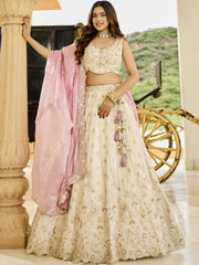 Cream Tissue Fabric Beads & Sequince Embroidered Semi Stitched Lehenga Choli & Dupatta