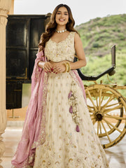 Cream Tissue Fabric Beads & Sequince Embroidered Semi Stitched Lehenga Choli & Dupatta