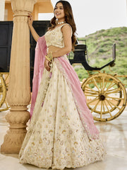 Cream Tissue Fabric Beads & Sequince Embroidered Semi Stitched Lehenga Choli & Dupatta