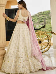 Cream Tissue Fabric Beads & Sequince Embroidered Semi Stitched Lehenga Choli & Dupatta