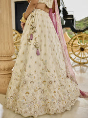 Cream Tissue Fabric Beads & Sequince Embroidered Semi Stitched Lehenga Choli & Dupatta