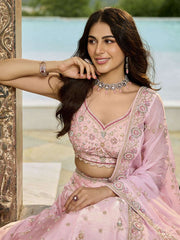 Pink Silk Fabric Beads & Sequince Embroidered Semi Stitched Lehenga Choli & Dupatta