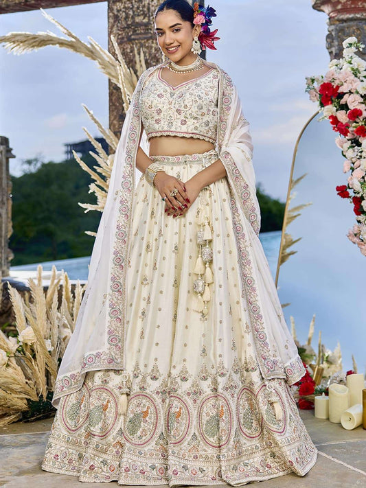 Cream Silk Fabric Beads & Sequince Embroidered Semi Stitched Lehenga Choli & Dupatta