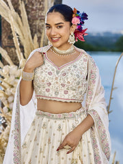 Cream Silk Fabric Beads & Sequince Embroidered Semi Stitched Lehenga Choli & Dupatta