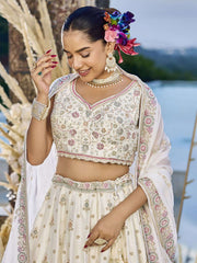 Cream Silk Fabric Beads & Sequince Embroidered Semi Stitched Lehenga Choli & Dupatta