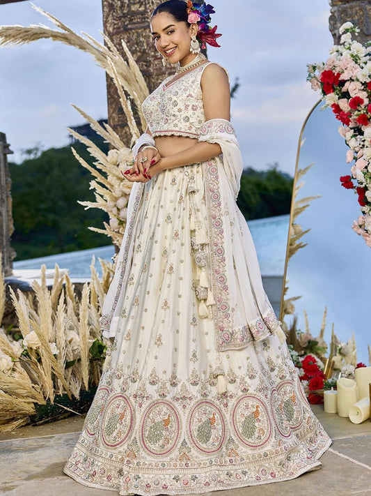 Cream Silk Fabric Beads & Sequince Embroidered Semi Stitched Lehenga Choli & Dupatta