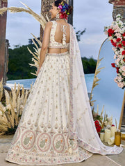 Cream Silk Fabric Beads & Sequince Embroidered Semi Stitched Lehenga Choli & Dupatta