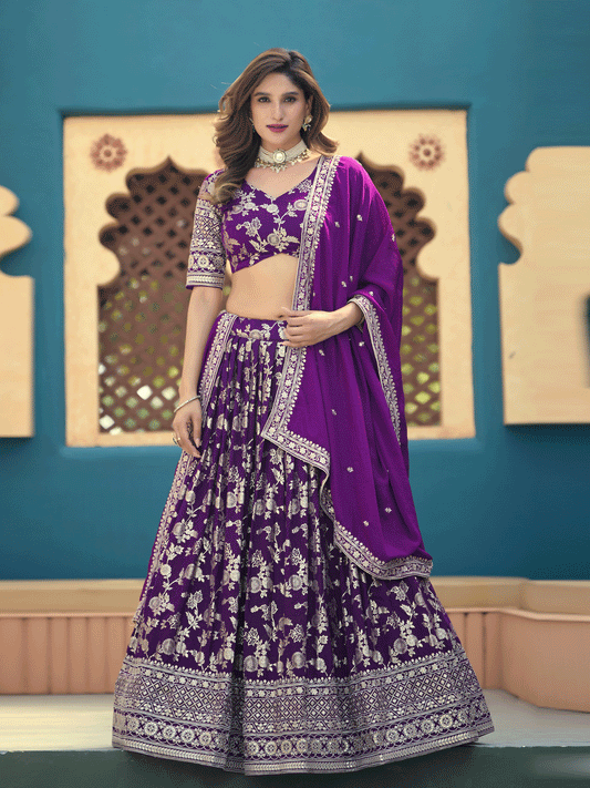 Purple Dola Silk Jacquard Wedding Festive Lehenga