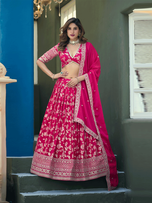Pink Dola Silk Jacquard Wedding Festive Lehenga