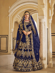 Velvet Embroidered Designer Lehenga Choli in Blue