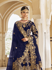 Velvet Embroidered Designer Lehenga Choli in Blue
