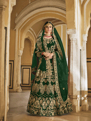 Green Embroidered Velvet Lehenga Choli