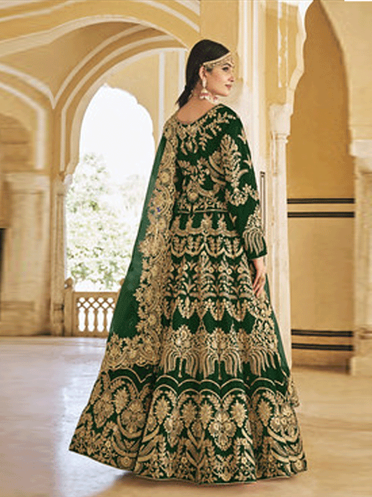 Green Embroidered Velvet Lehenga Choli