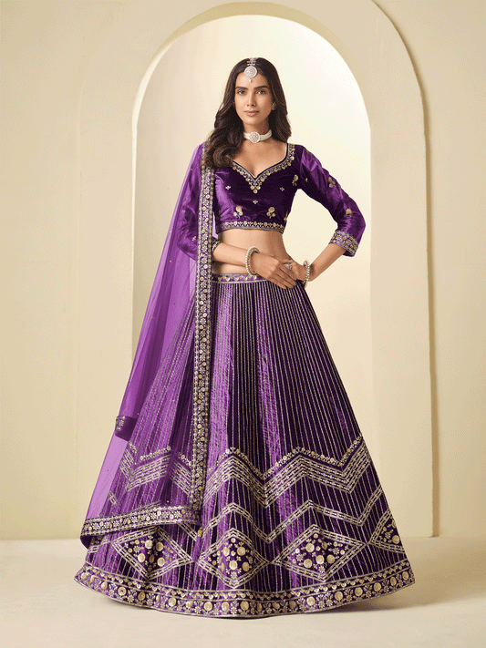 Purple Velvet Beautifully Embroidered Lehenga Choli