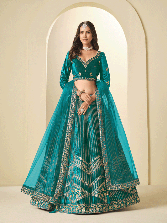 Firozi Velvet Beautifully Embroidered Lehenga Choli