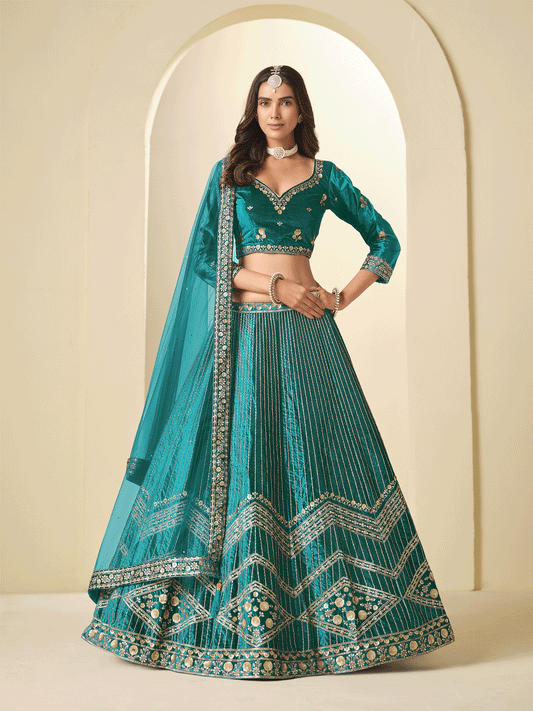 Firozi Velvet Beautifully Embroidered Lehenga Choli