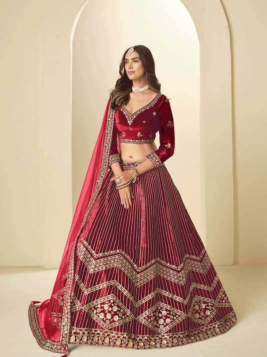 Red Velvet Beautifully Embroidered Lehenga Choli