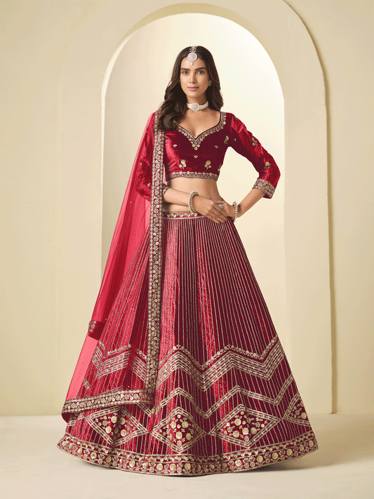 Red Velvet Beautifully Embroidered Lehenga Choli