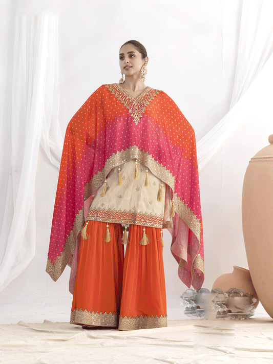 Cream and Orange Embroidered Kaftan Style Gharara Dress