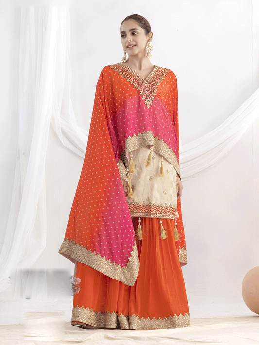 Cream and Orange Embroidered Kaftan Style Gharara Dress