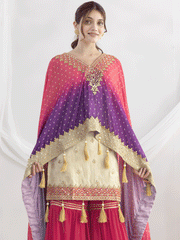 Cream and Pink Embroidered Kaftan Style Gharara Dress