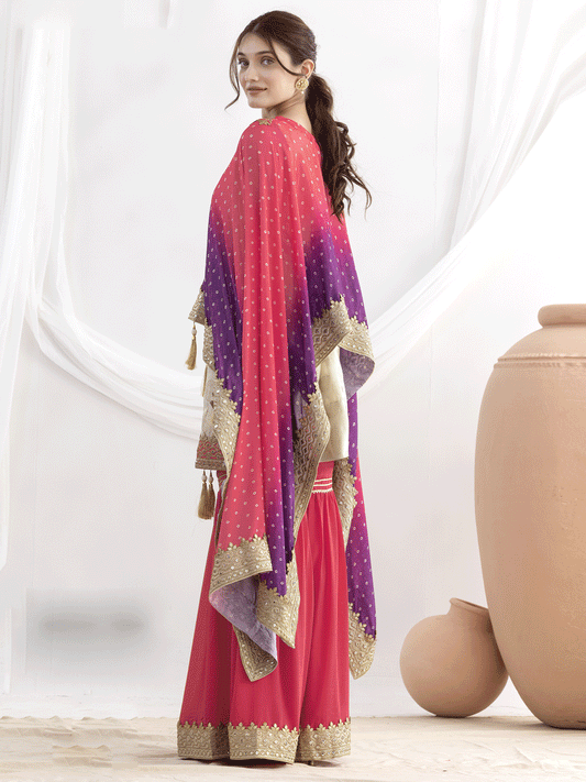 Cream and Pink Embroidered Kaftan Style Gharara Dress