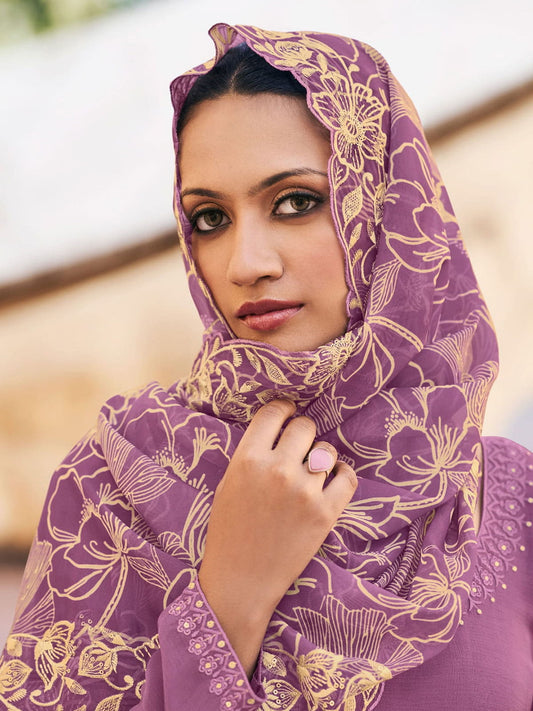 Purple Chinnon Embroidered Palazzo Style Suit