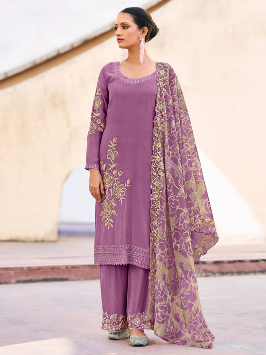 Purple Chinnon Embroidered Palazzo Style Suit