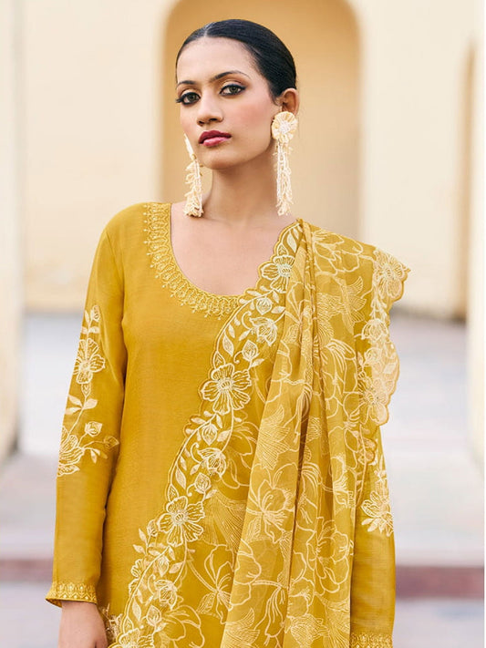 Yellow Chinnon Embroidered Palazzo Style Suit