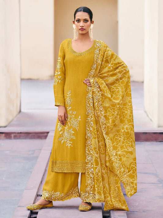 Yellow Chinnon Embroidered Palazzo Style Suit