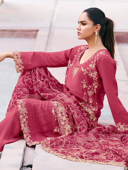 Pink Chinnon Embroidered Palazzo Style Suit