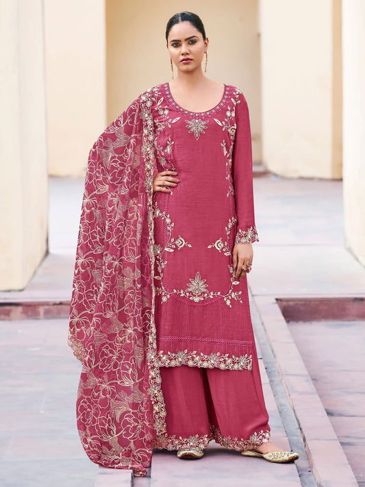 Pink Chinnon Embroidered Palazzo Style Suit