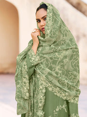 Green Chinnon Embroidered Palazzo Style Suit