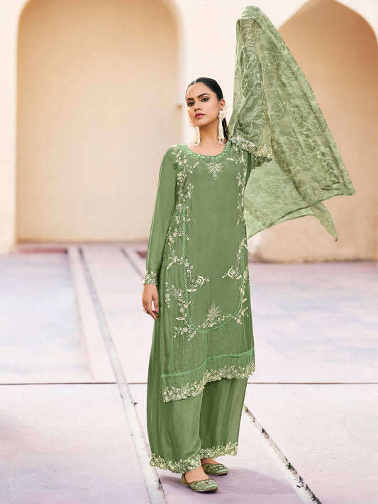 Green Chinnon Embroidered Palazzo Style Suit