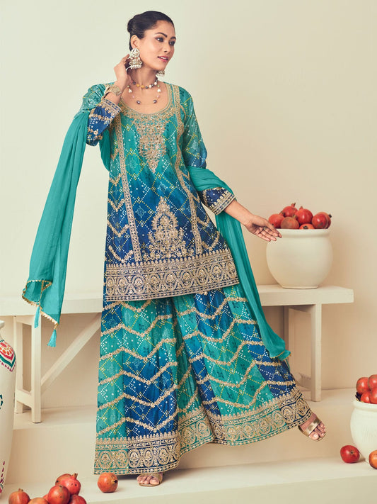 Aqua Blue and Navy Blue Chinon Palazzo Suit with Bandhani Print