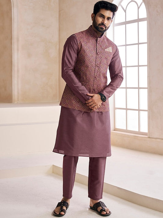 Mauve embroidered woven nehru jacket