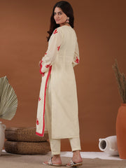 Off White Floral Embroidered Notched Neck Thread Work Straight Kurta with Trousers