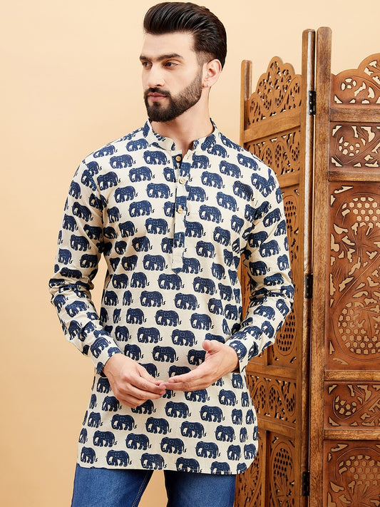 Blue Ethnic Motifs Printed Mandarin Collar Cotton Curved Thread Work Kurta