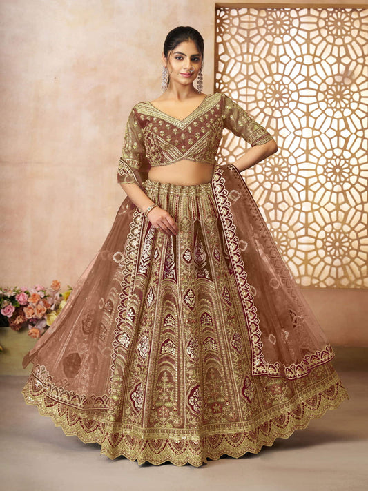 treanding Mocha-Coffee color Aari embroidered benarasi lehenga for Brides