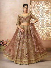 treanding Mocha-Coffee color Aari embroidered benarasi lehenga for Brides