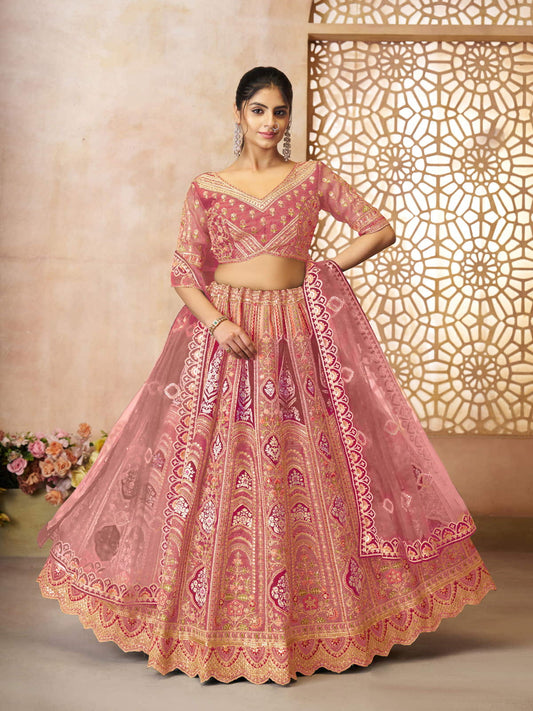 Pink Aari embroidered benarasi lehenga for wedding