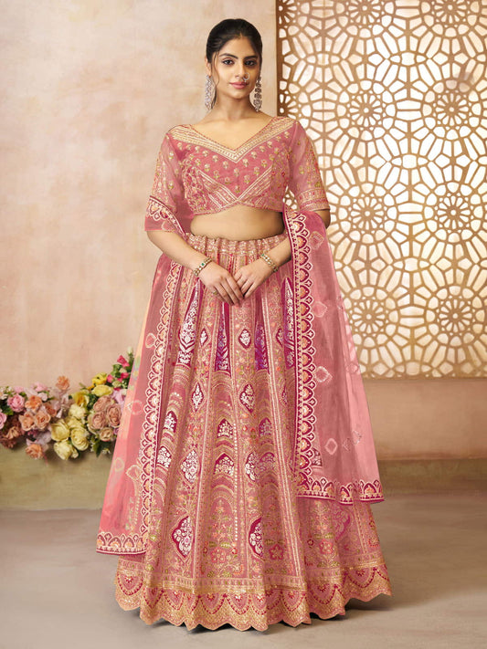 Pink Aari embroidered benarasi lehenga for wedding