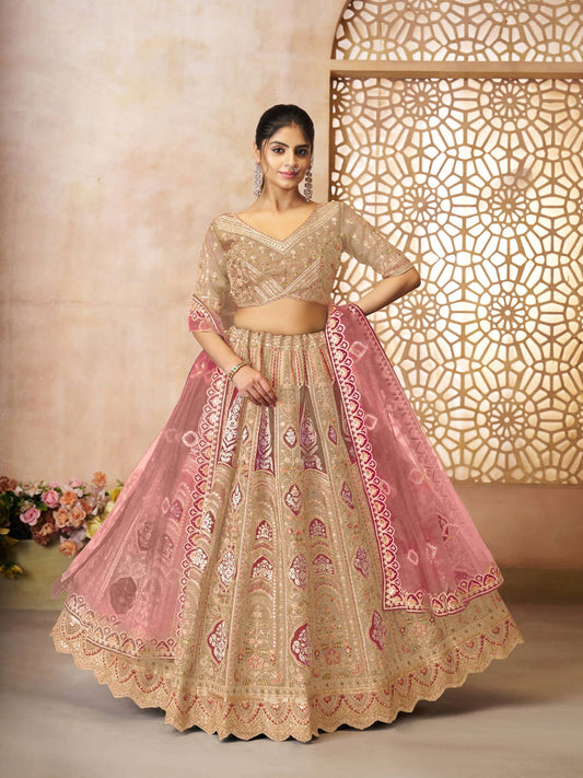 champagn-chiku color Aari embroidered benarasi lehenga for Brides
