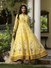 Yellow Dola Silk Floral Print Anarkali Gown with Net Embroidered Dupatta