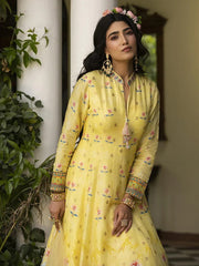 Yellow Dola Silk Floral Print Anarkali Gown with Net Embroidered Dupatta