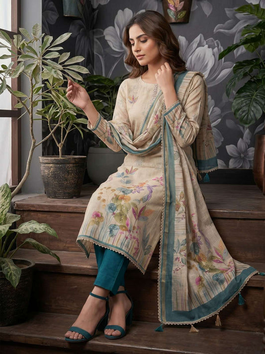 Teal Pure Cotton Kurta Set With Simmer Print