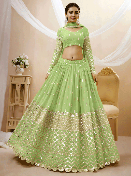 Amazing Pista Green Sequins Georgette Reception Wear Lehenga Choli